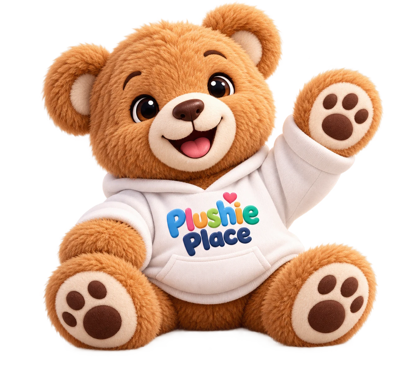 Nuzzleby, a caramel teddy bear in a white Plushie Place hoodie, waving hello